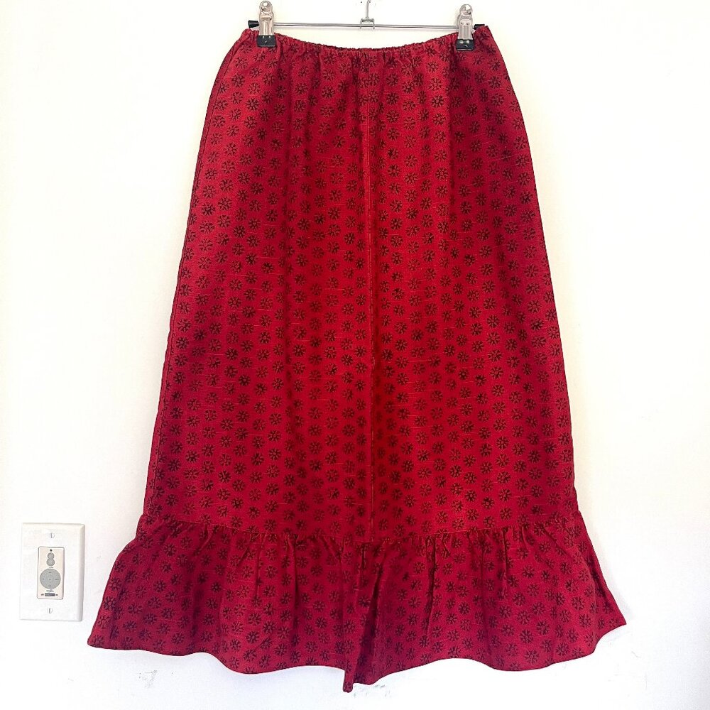 Vintage Utility Canvas Red Print A-Line Ruffle Trim Skirt Women's Medium